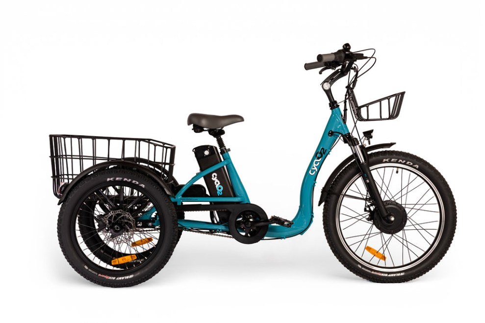 tricycle électrique CyclO2 Comfort24+ bleu canard, vue de profil